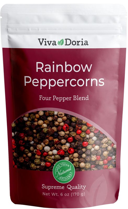 Viva Doria Rainbow Peppercorns - Four Peppercorn Blend, Whole Black, Green, Pink and White Pepper, Steam Sterilized 6 Oz, For Grinder Refill