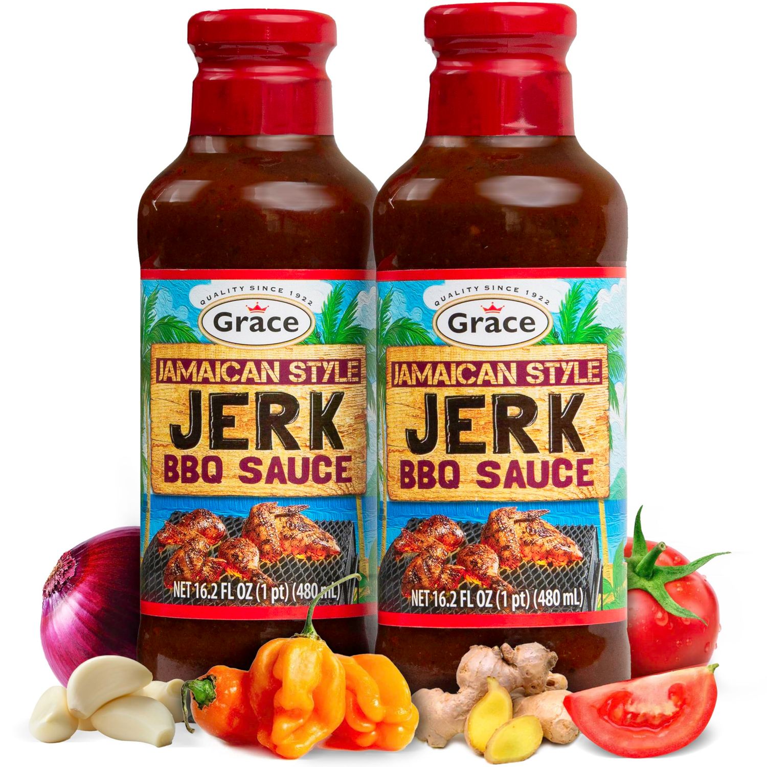 Grace Jamaican Style Jerk BBQ 16oz - 2 Pack Jamaican Jerk Seasoning, Marinade &amp; Dipping Sauce - Best Hot Barbecue Sauce -