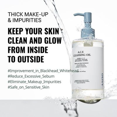 ASNO Multi-Vitamin A.C.E Cleansing Oil 300ml, Makeup Blackhead Whitehead Sebum Remover, Pore Control, Glutathione, Aloe vera Squalane Centella Asiatica, Vegan Cleanser, Korean Skin Care