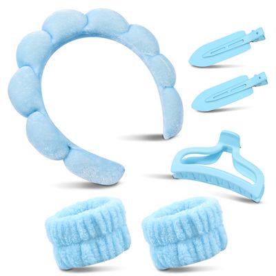 Spa Headband For Washing Face, Skincare Headband With Hair Clips, Cute skincare headband and wristband set for Women, Soft-Puffy Velvet Makeup Headbands, for Face Washing, Makeup, Skincare (Blue)