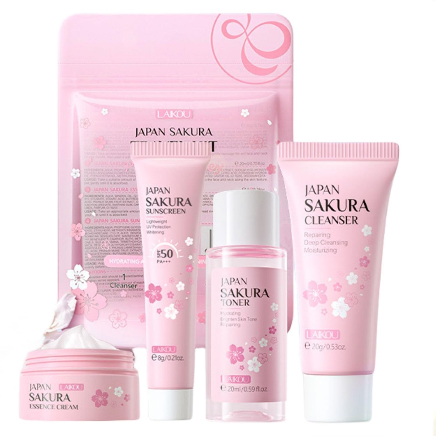 Sakura Travel Skincare Set for Teenage Girls - Face Routine Set for Women,4 Piece Gentle Skin Cleaning &amp; Care Travel Size Kit With Cleanser, Toner, sunscreen and Face Cream