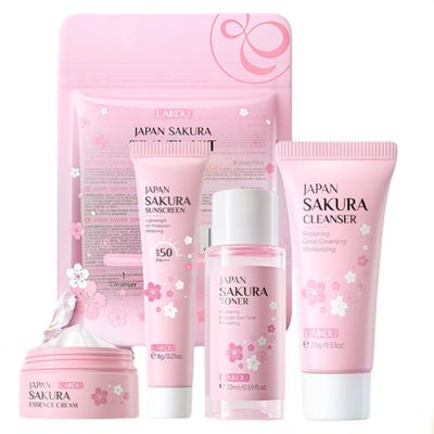 Sakura Travel Skincare Set for Teenage Girls - Face Routine Set for Women,4 Piece Gentle Skin Cleaning &amp; Care Travel Size Kit With Cleanser, Toner, sunscreen and Face Cream