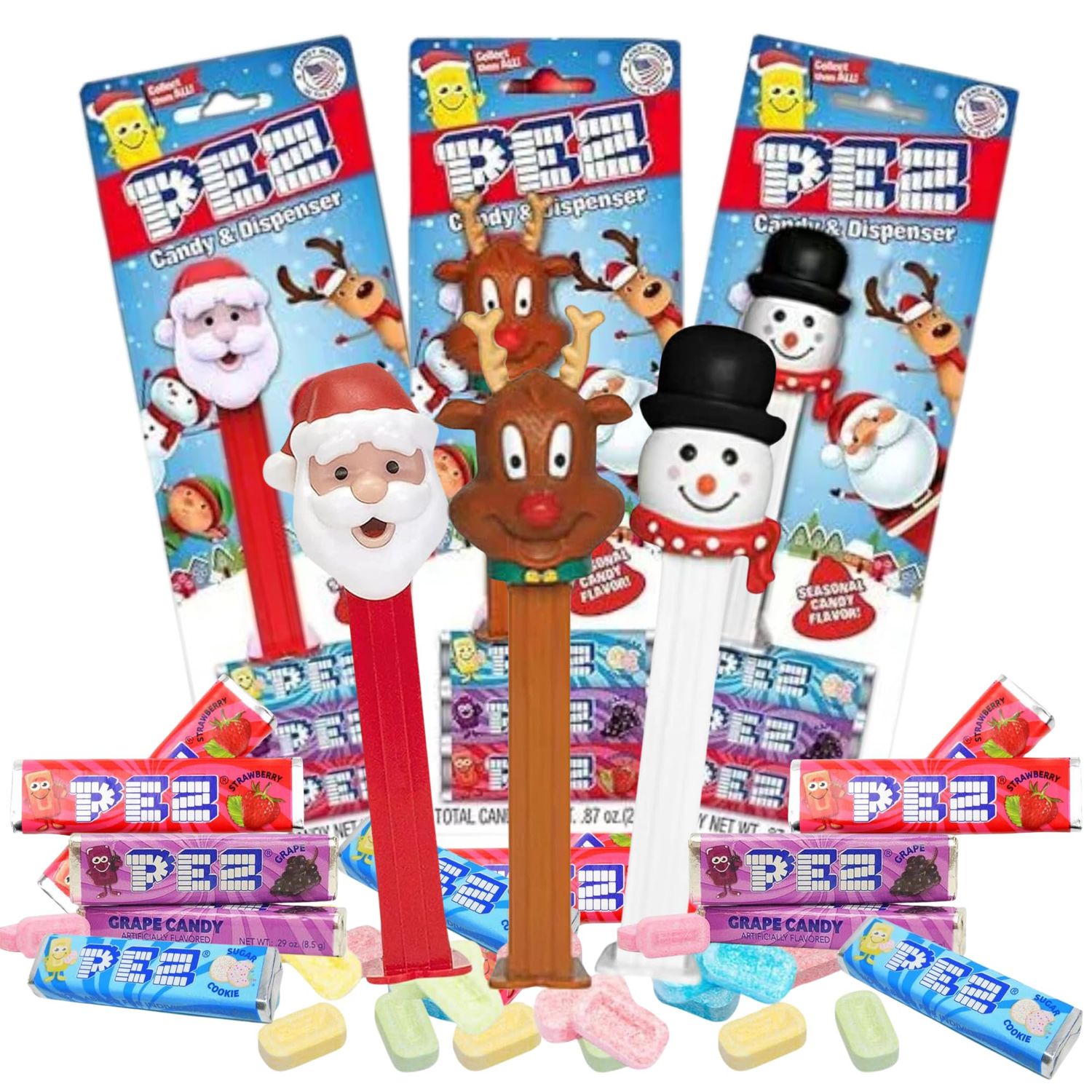 Needzo Christmas Candy Dispensers with Refill Rolls, Assorted Holiday Characters, Stocking Stuffers for Boys or Girls, Pack of 3