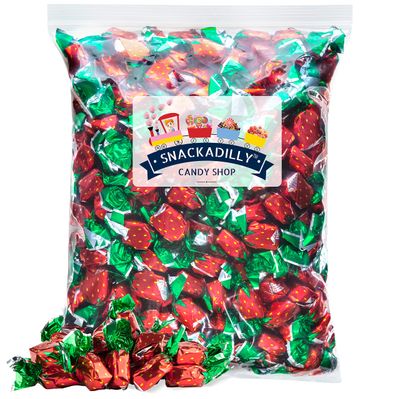 Strawberry Hard Candy 2Lb Bulk Bag - Red &amp; Green Wrapped Bon Bons - Freshly Packaged By Snackadilly.