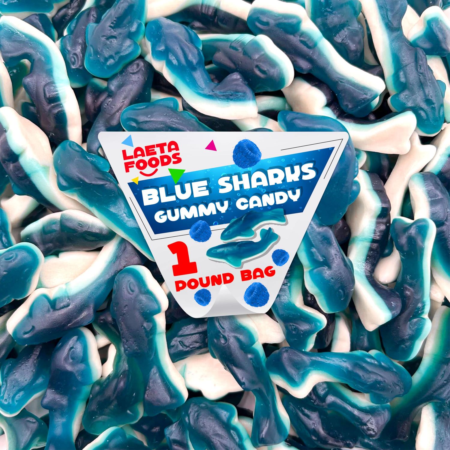 Blue Sharks Gummy Candy 1 Pound Bag Blue Raspberry and Marshmallow Flavor