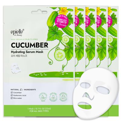 Epielle Cucumber Hydrating Serum Sheet Masks (5pk) Korean Skincare Facial Sheet Mask Kbeauty, Easter Gift