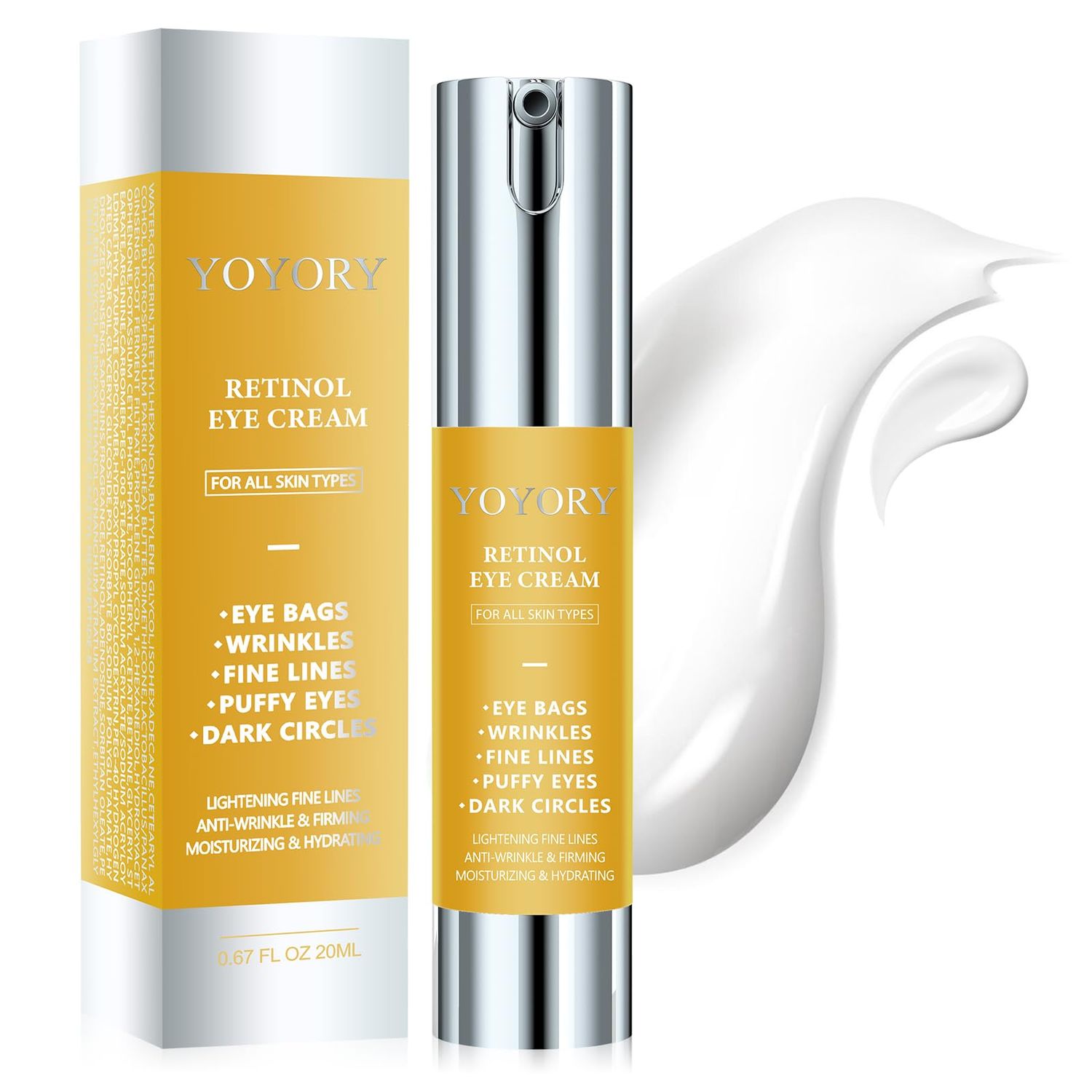 YOYORY Retinol Under Eye Cream - Eye Cream for Dark Circles and Puffiness, Eye Bags, Wrinkles Fine Lines Skin Care Treatment Hydrates &amp; Lifts Gold(0.67 Fl Oz)