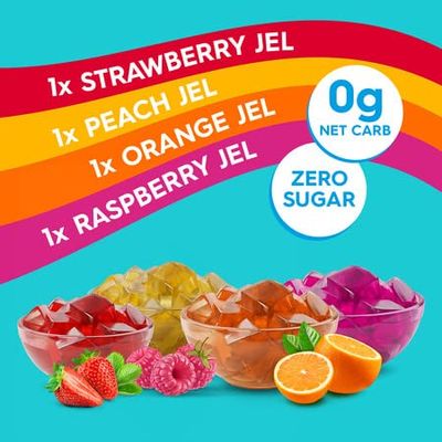 Simply Delish Plant Based Natural Variety Bundle Jel Dessert - 4 Pack (1) of Raspberry, Peach, Strawberry, and Orange - Zero Sugar, 0g Net Carbs, Gluten Free, Vegan, Diabetic & Allergen Free