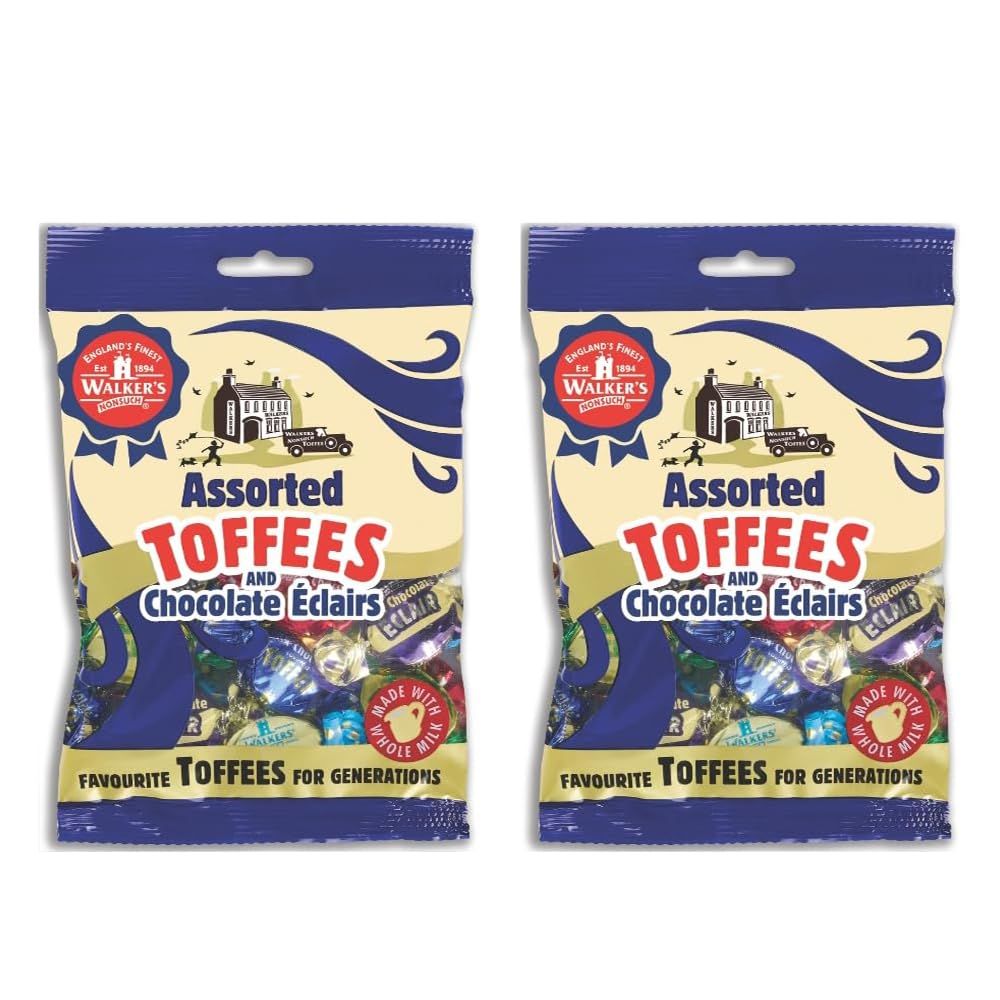 Walkers&#39; Nonsuch Assorted Toffees &amp; Chocolate clairs Contains English Creamy, Milk &amp; Dark Chocolate Covered, Banana Split &amp; Milk Toffees Traditional British Candy 5.29 Oz (Pack of 2)