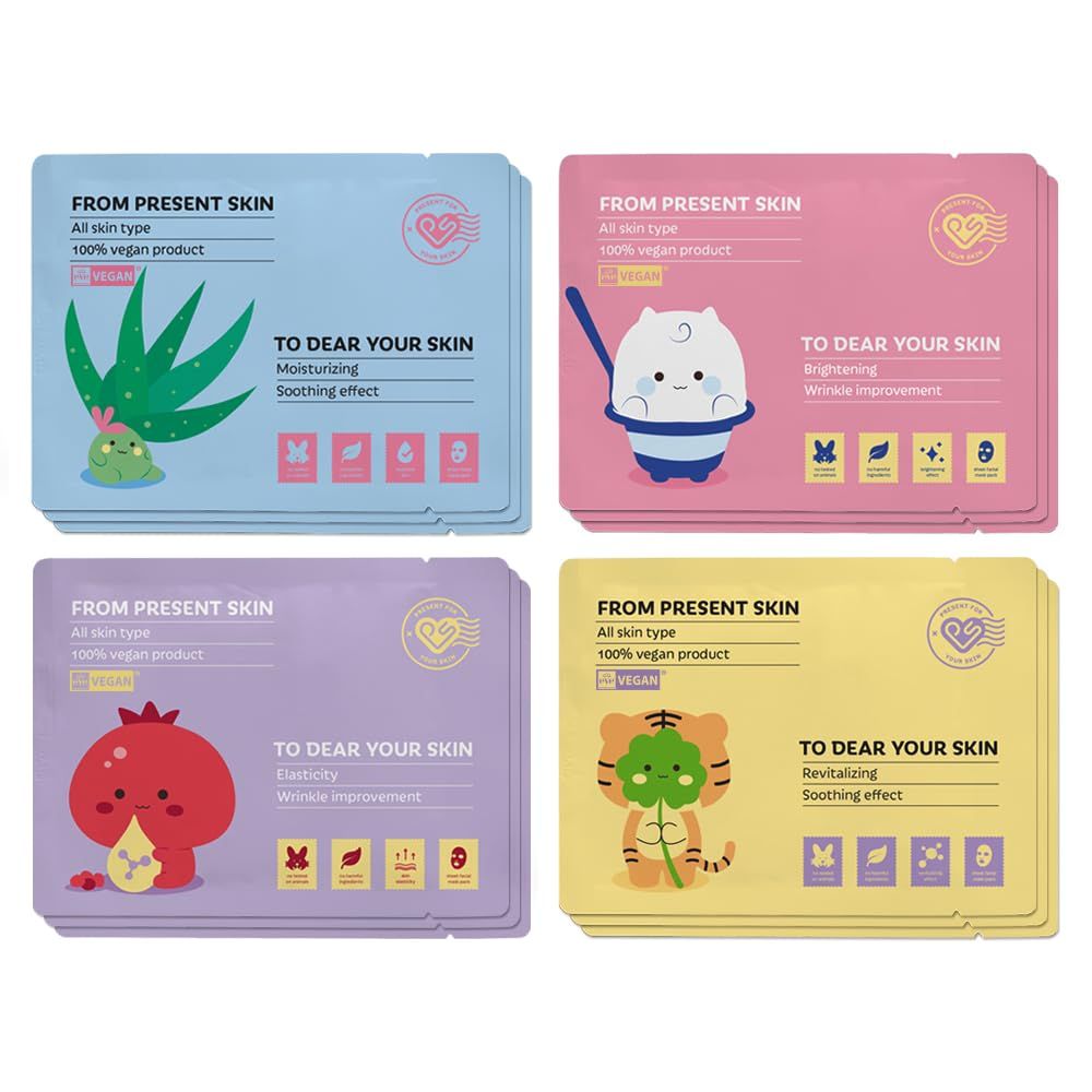 PRESENT SKIN LETTER MASK Set, Vegan Sheet Mask 12 Combo (Pack of 12), Korean Facial Mask Sheet Skincare, Moisturizing, Soothing, Anti-aging, Regenerating Facial mask, Beauty Mask For All Skin Type