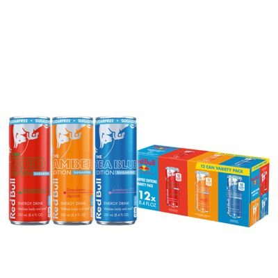 Red Bull Energy Drink Sugar Free Variety Pack, Red, Amber, and Sea Blue, with 80mg Caffeine, Taurine &amp; B Vitamins, 8.4 fl. oz, Pack of 12 Cans