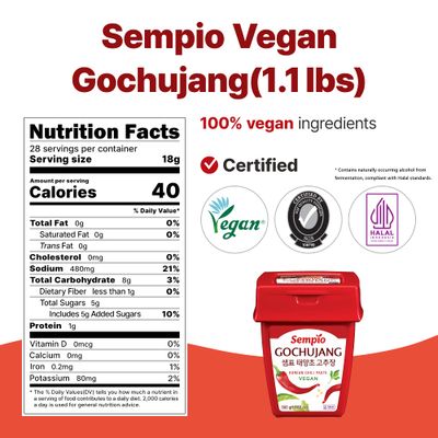 SEMPIO Vegan Gochujang - Mild Heat - Korean Red Chili Pepper Paste, Spicy, Sweet and Savory Sauce. Traditional Fermented Condiment for Tteokbokki, Bibimbap, Dips and Marinades (1.1lbs / 500g)