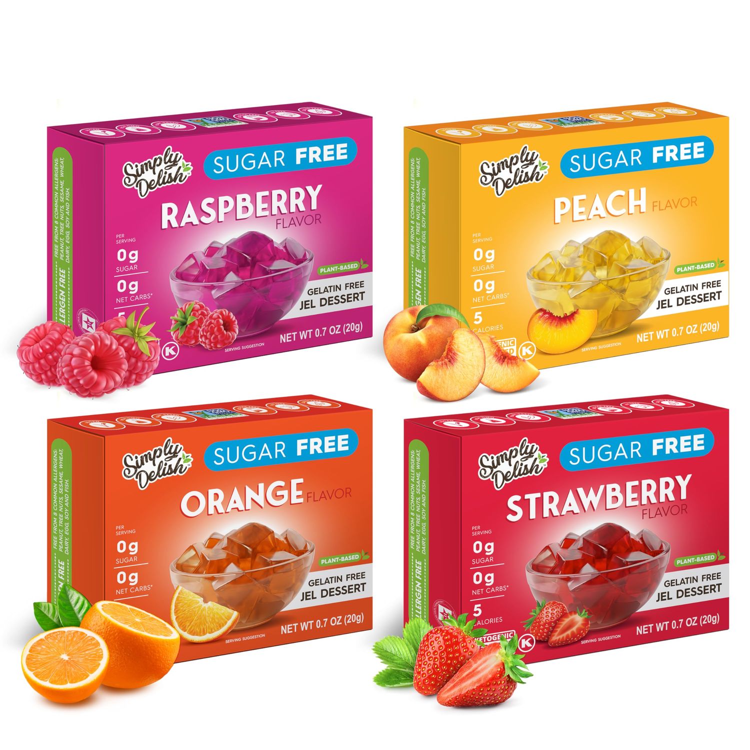 Simply Delish Plant Based Natural Variety Bundle Jel Dessert - 4 Pack (1) of Raspberry, Peach, Strawberry, and Orange - Zero Sugar, 0g Net Carbs, Gluten Free, Vegan, Diabetic &amp; Allergen Free