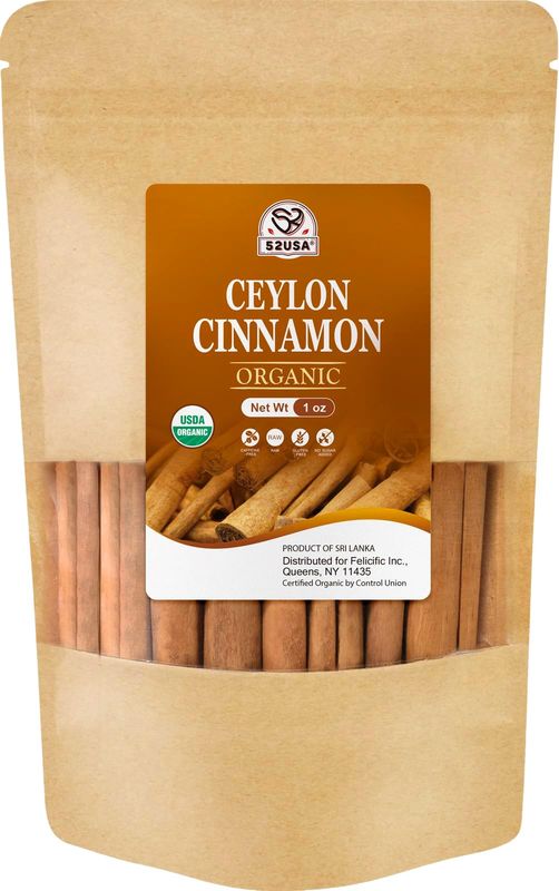 52USA Organic Ceylon Cinnamon Sticks, 1 Ounce (Pack of 1), True Cinnamon Farmed in Sri Lanka, Whole Cinnamon Sticks Bulk, Vegan, Non GMO, 28g