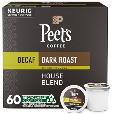 Peet&#39;s Coffee, Dark Roast Decaf Keurig K-Cup Pods - Decaf House Blend 60 Count (6 Boxes of 10 K-Cup Pods)