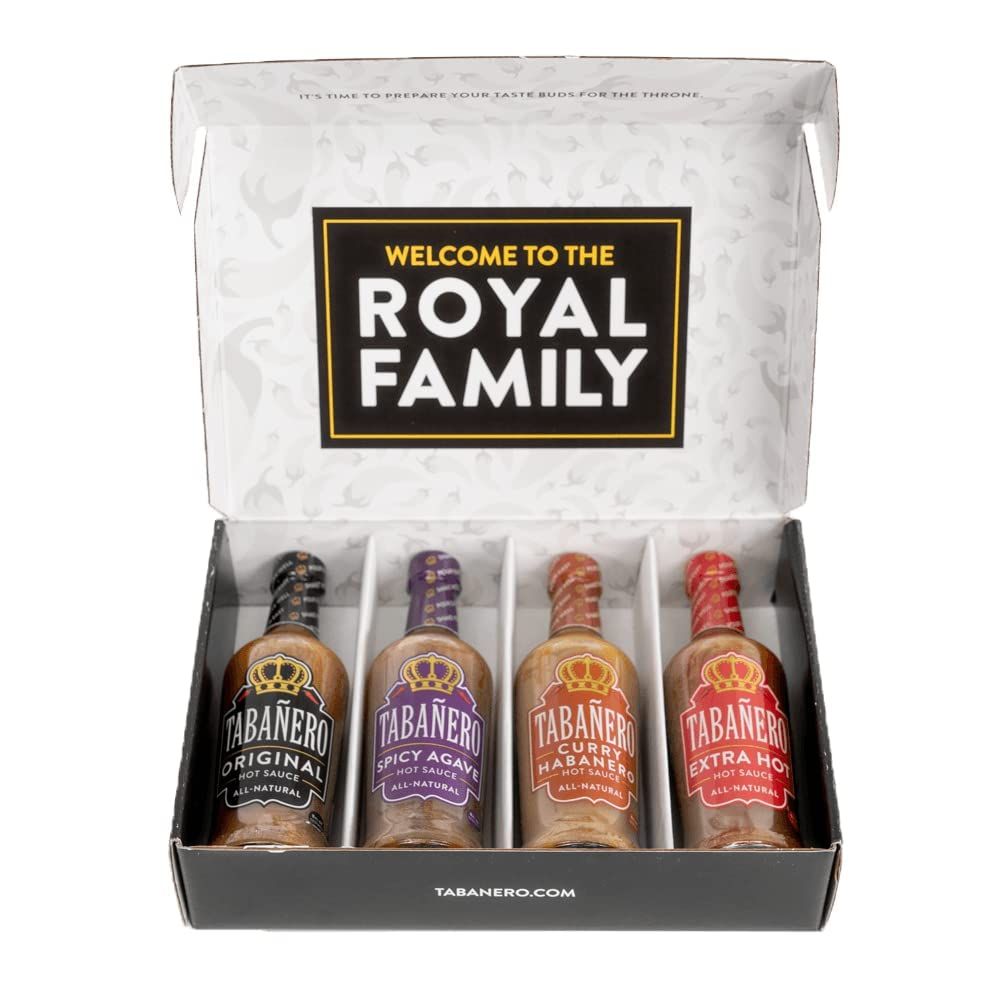 Hot Sauce Gift Sets by Tabaero, Original, Extra Hot, Spicy Agave, Curry Habanero, All Natural, Gluten Free, Kosher, Made in the USA, 4 Pack of 8 Oz. Hot Sauce Bottles