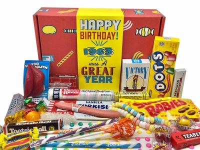 RETRO CANDY YUM 1963 62nd Birthday Gift Basket Box of Nostalgic Candy From Childhood For 62 Year Old Man or Woman Born 1963 Jr