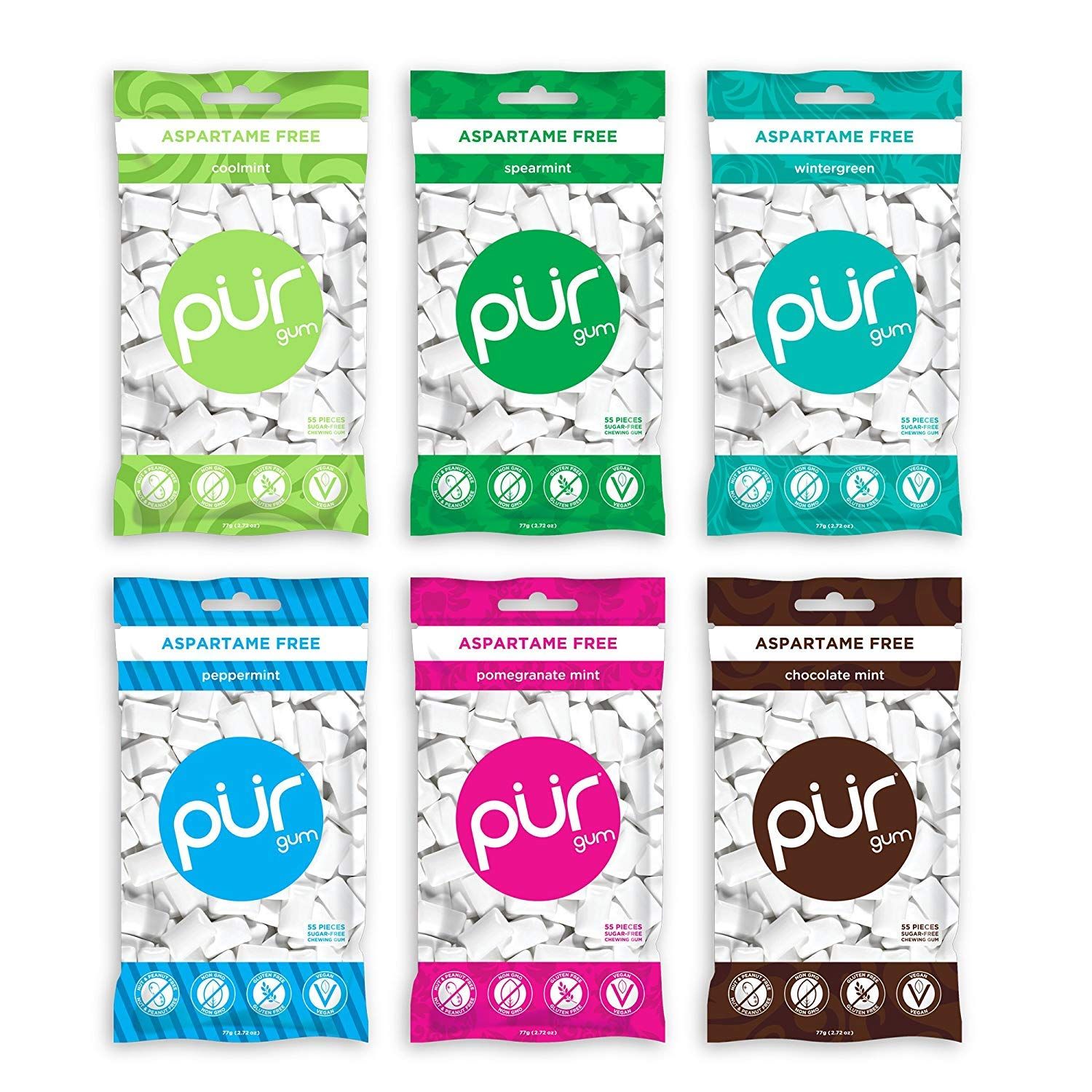 PUR 100% Xylitol Chewing Gum, Sugar &amp; Aspartame Free, Vegan non GMO, White, 55 Count each(Variety Pack of 6)
