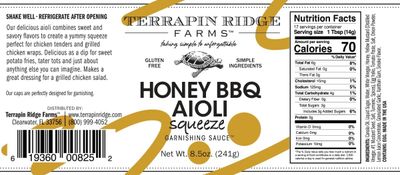 Terrapin Ridge Farms Honey BBQ Aioli - One 8.5 Ounce Squeeze Bottle