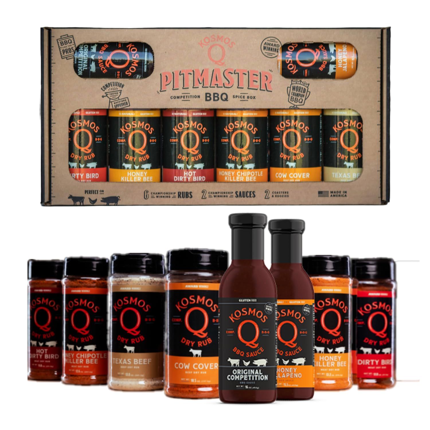 Kosmos Q Pitmaster BBQ Sauce Gift Set - BBQ Sauce &amp; BBQ Spices Sampler Set - 8-Piece Grill Seasoning Set w/Barbecue Sauce &amp; Meat Rubs (8 Flavors)