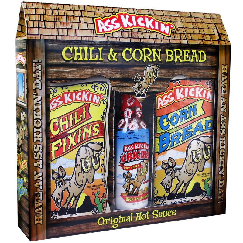 ASS KICKIN&#39; Chili Seasoning Mix Meal Kit - Premium Gourmet Hot Chili Spice Kit, Cornbread Mix and Hot Sauce Combo -Just Add Ground Beef or Turkey!