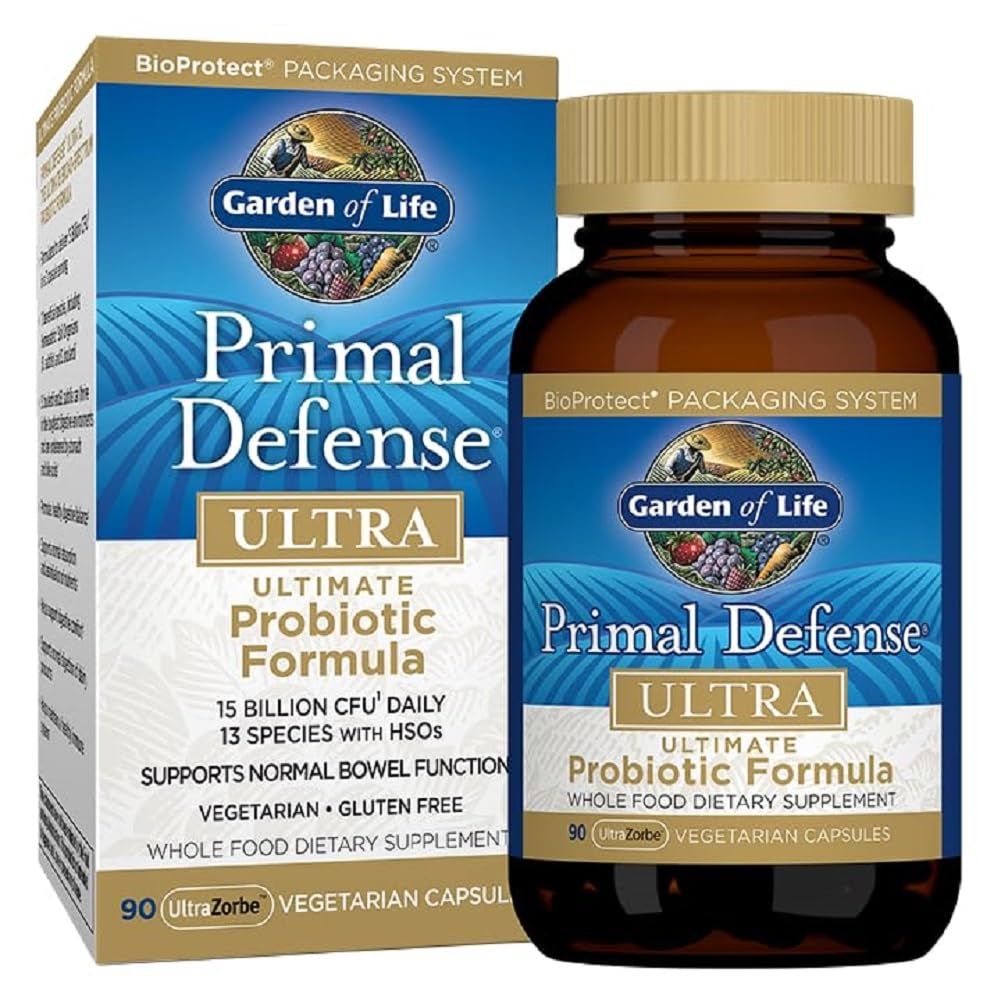 Garden of Life Primal Defense Ultra Ultimate Probiotic Formula - 15 Billion CFU and 13 Strains of Probiotics Plus HSOs for Healthy Digestive Balance, Vegetarian and Gluten Free, 90 Capsules