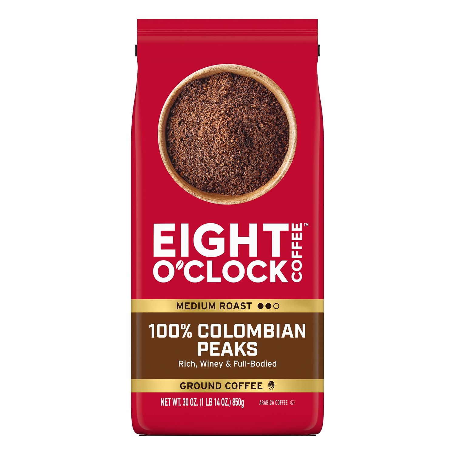 Eight O&#39;Clock Coffee 100% Colombian Peaks Ground Coffee, Medium Roast, 30 Ounce (Pack of 1) - Rich, Winey &amp; Full Bodied