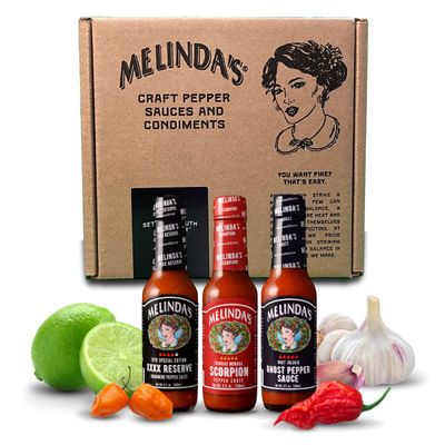Melindas Extreme Fiery Variety Pack - Extra Spicy Craft Hot Sauce Gift Set - Includes Ghost Pepper, Scorpion Pepper, Habanero XXXXtra Reserve - Extreme Heat Hot Sauce Variety Set - 5oz, 3 Pack