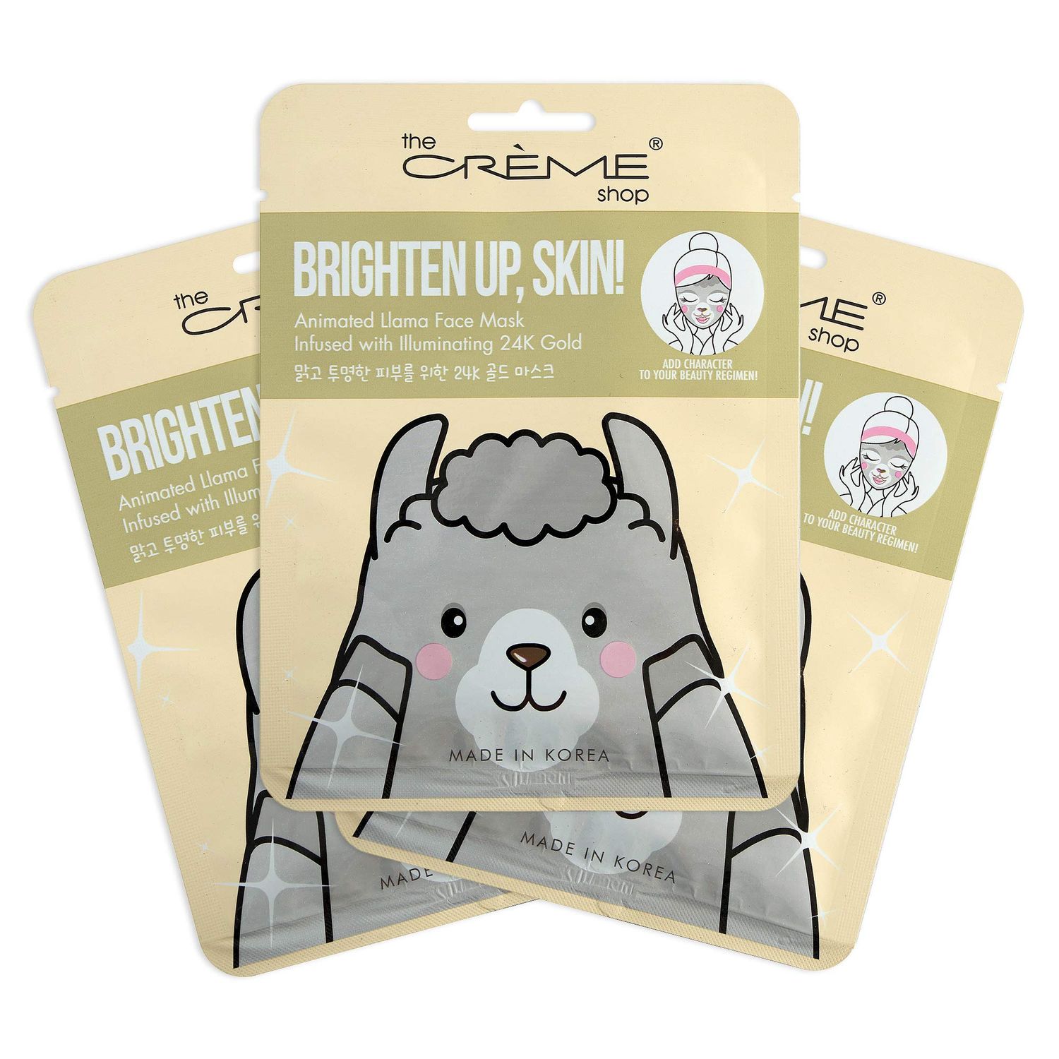The Crme Shop Animal Sheet Mask, Korean, Hydrating, Collagen, Vitamin C, Anti-Aging - Pack of 3 (Llama)