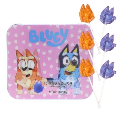 Bluey Valentines Lollipops Tin, Individually Wrapped Strawberry Suckers, Vday Candy Gift Set 1.69 Ounces