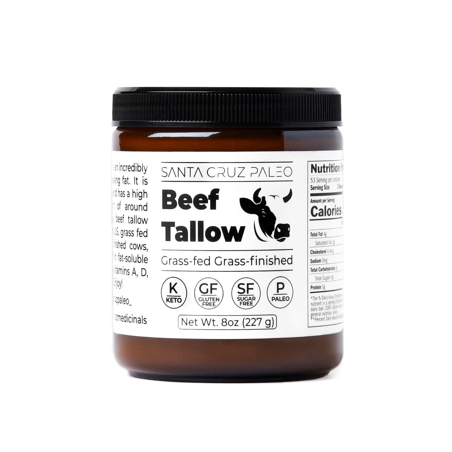 Santa Cruz Paleo Beef Tallow for Skin Care &amp; Cooking, 100% Grass Fed and Finished, Gluten Free, Keto, Sugar Free, Paleo, Use as Lip Balm or Moisturizer, With Vitamin D, E, K, B1, A, Fatty Acids, 8 Oz