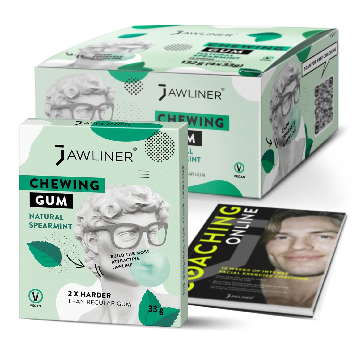 Jawliner Hard Jwaline Chewing Gum - Sugar Free Spearmint Tough Jaw Gum - Jaw Exerciser Strong Mewing Jawline Mistic Gum - 2x Harder than Regular Chewing Gum 130 Grams (48 Strips)