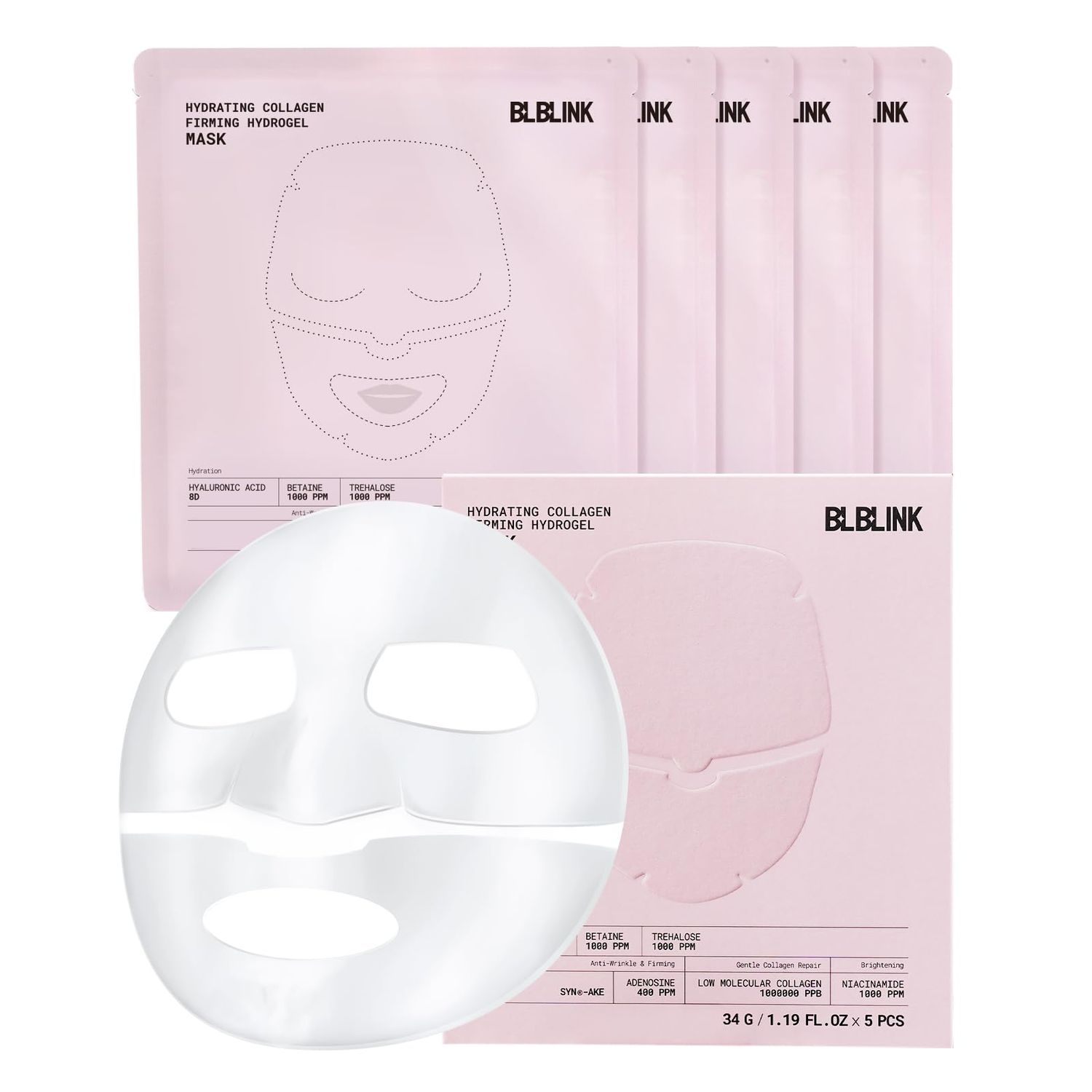 BLBLINK Moisturizing Collagen Firming Hydrogel Mask 34gx5ea, Overnight Repair for Dry Skin, Collagen Face Masks, Firming &amp; Anti-Aging, Hydrating Face MasksSkincare