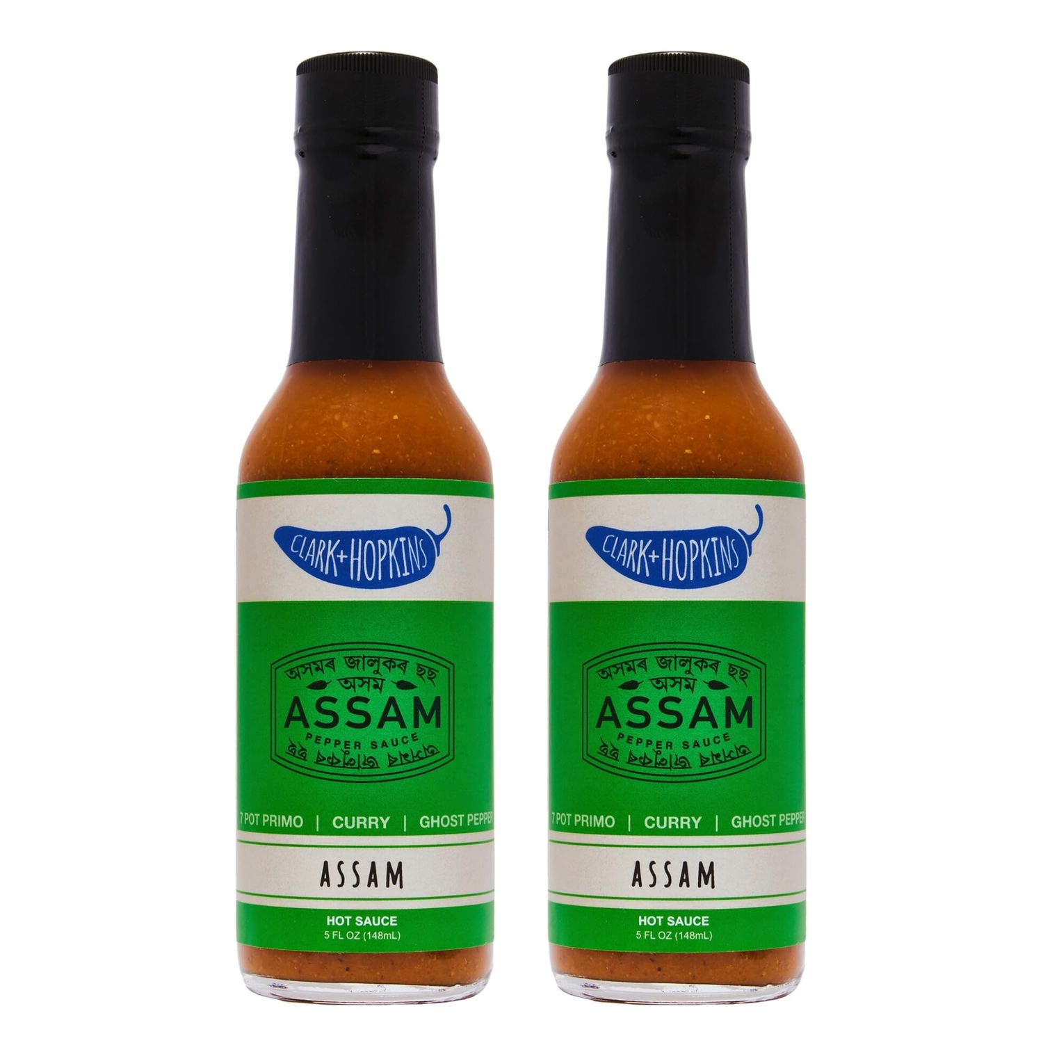 Clark Hopkins Assam Pepper Sauce, Ghost Pepper Curry and 7 Pot Primo Chili Flavored Hot Sauce, Traditional Assamese Cuisine, 5 Ounce (2 Pack)
