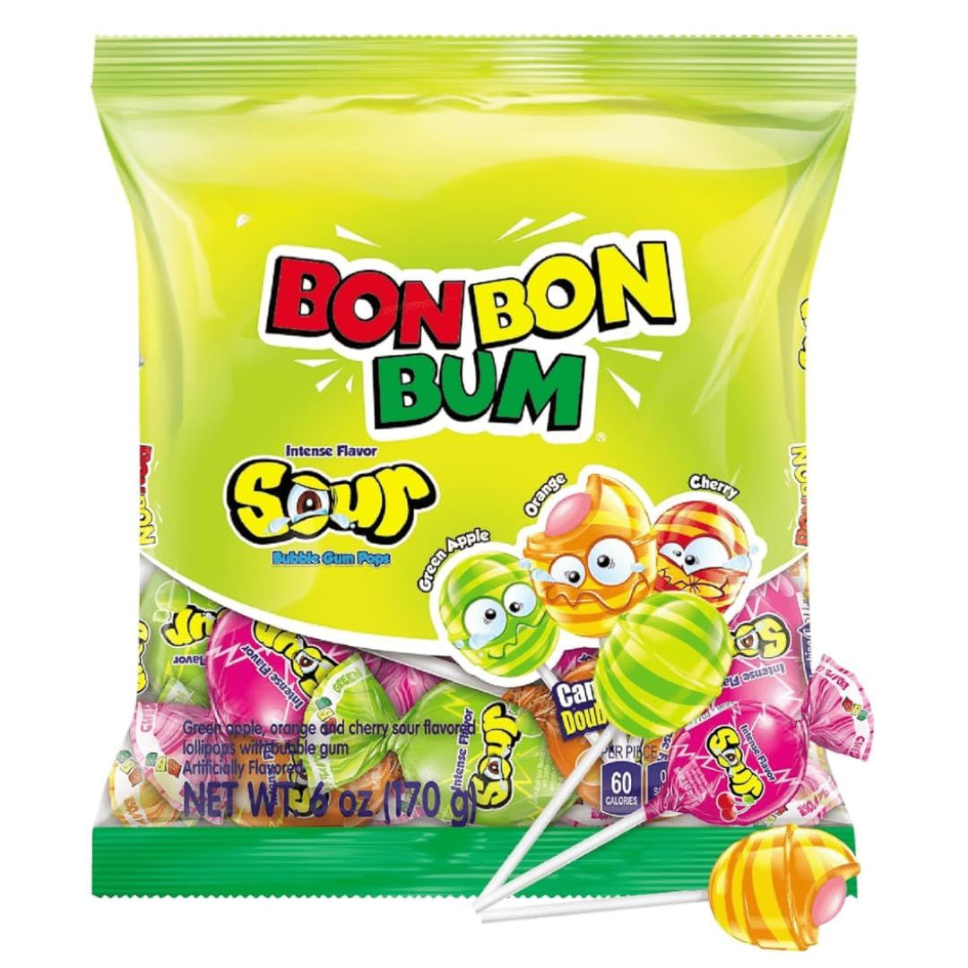 Bon Bon Bum - Fruity Lollipop with Bubble Gum center - Perfect for Parties and Sharing (10 Pieces, Sour)
