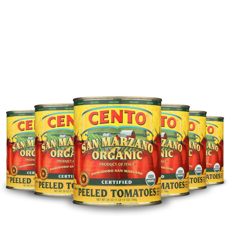 Cento Organic Certified San Marzano Whole Peeled Tomatoes, 28 Oz (Pack of 6), Canned Plum Tomatoes in Thick Puree with Basil, Grown and Processed in Italy