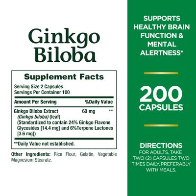 Nature's Bounty Ginkgo Biloba, Supports Healthy Brain Function, Herbal Supplement, 60 Mg, 200 Capsules
