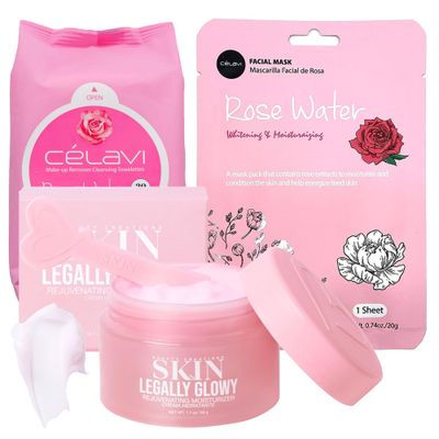 Glam Lux Bundle of 3 Korean Skincare Vegan Beauty Creations Legally Glowy Rejuvenating Moisturizer, Clavi Korean Makeup Remover Cleansing Wipes &amp; Korean Facial Mask Paraben, Sulfate &amp; Oil Free