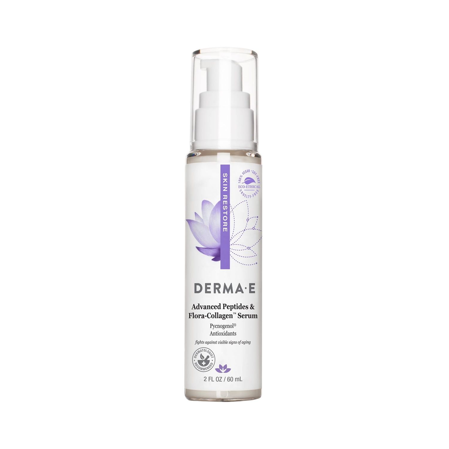 DERMA E Advanced Peptides and Vegan Flora-Collagen Serum - Double Action Collagen Face Cream with Peptide Complex - Intensely Hydrating Serum for Lines, Wrinkles and Redness, 2 oz