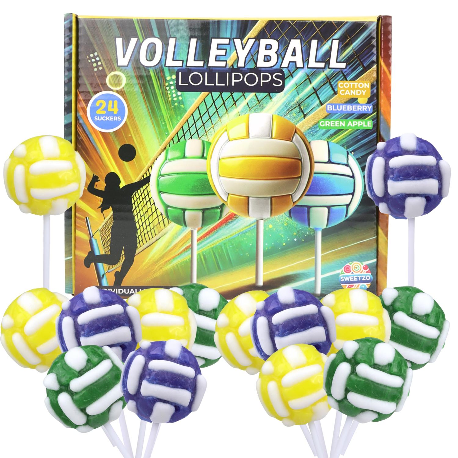 Volleyball Lollipops, Individually Wrapped Candy for End of Year Team Gifts Party Favors, Assorted Fruit Flavors, 24 Count