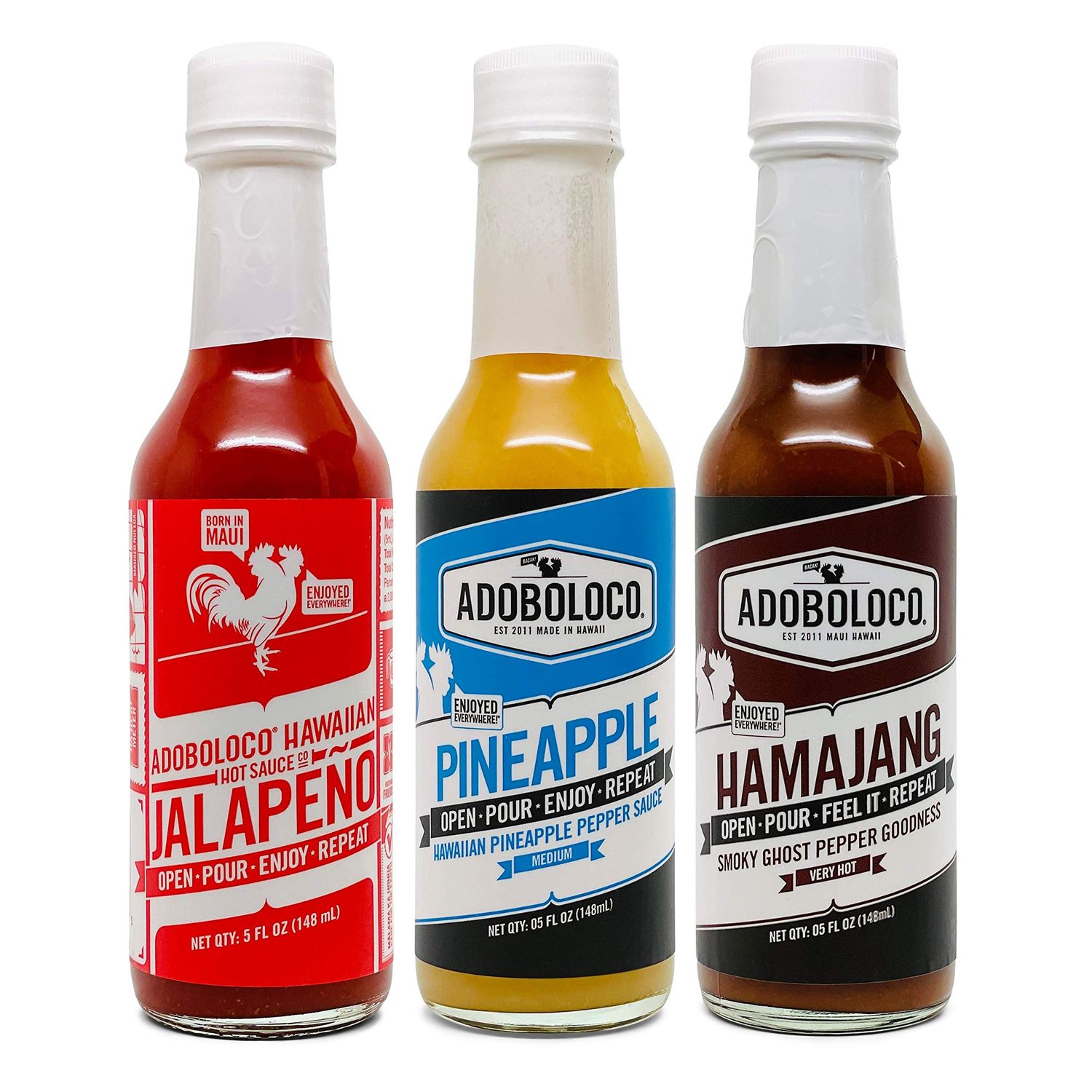 Adoboloco Hot Sauce OG Pack (3-Pack) 5oz Spicy Hamajang, Jalapeno, Pineapple Extremely Tasty Fiery Chili Pepper Sauce Bundle
