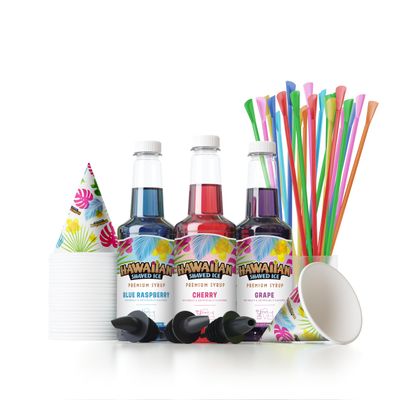 Hawaiian Shaved Ice Syrup Assortment with 3 - 16oz Bottles, 25 Snow Cone Cups, 25 Spoon Straws, and 3 Pouring Spouts. Flavors: Cherry, Blue Raspberry, and Grape. Allergy-friendly.