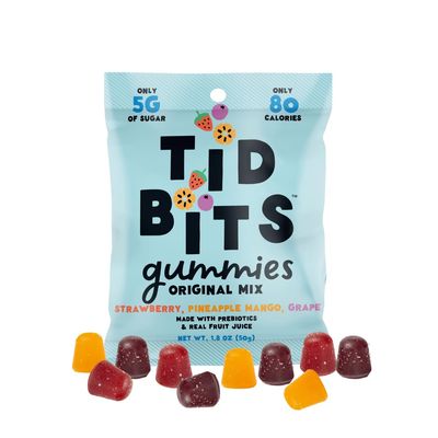 TiDBiTS Gummy Candies 1.8oz (Pack of 12), Low Sugar (5g), Low Calorie (80), No Artificial Sweeteners, Prebiotic Fiber, Real Fruit Juice, Healthy Snack (Original Mix)