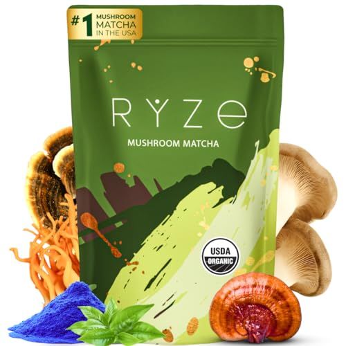 RYZE Mushroom Matcha, USDA Organic with 6 Adaptogenic Mushrooms and Ceremonial-Grade Japanese Matcha, Energy, Focus, Digestion, Immunity with Cordyceps, Lions Mane, Reishi, Turkey Tail, 30 servings