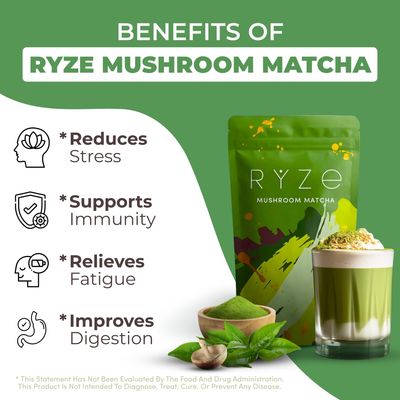 RYZE Mushroom Matcha, USDA Organic with 6 Adaptogenic Mushrooms and Ceremonial-Grade Japanese Matcha, Energy, Focus, Digestion, Immunity with Cordyceps, Lions Mane, Reishi, Turkey Tail, 30 servings