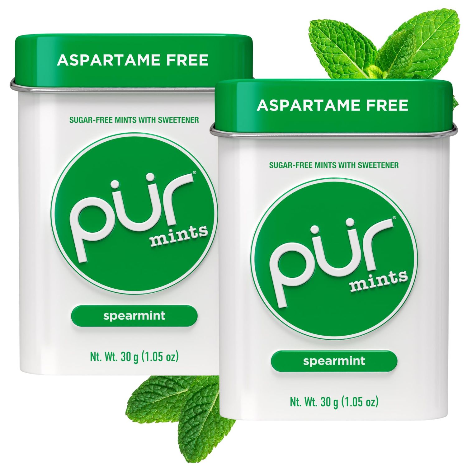 PUR Mints Aspartame Free Mints Made with Xylitol Sugar Free, Vegan, Gluten Free &amp; Keto Friendly Natural Spearmint Flavored Mints, 30 Pieces (Pack of 2)