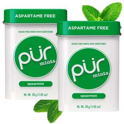 PUR Mints Aspartame Free Mints Made with Xylitol Sugar Free, Vegan, Gluten Free &amp; Keto Friendly Natural Spearmint Flavored Mints, 30 Pieces (Pack of 2)