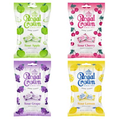 Regal Crown Sour Candy Variety Pack, 6.25 Ounce Bag (Pack of 4), 1 Of Each Flavor - Sour Grape, Sour Apple, Sour Lemon &amp; Sour Cherry, Individually Wrapped Hard Sour Candy