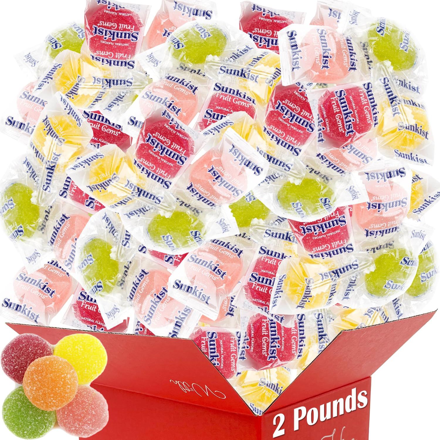 Sunkists Fruit Candy Individually Wrapped Gems Treats Assorted Flavor Orange Lemon Lime Raspberry Grape Birthday Party Favor Office Dish Gift Basket On the Go Travel Bulk Muchai Box (2 Pounds)