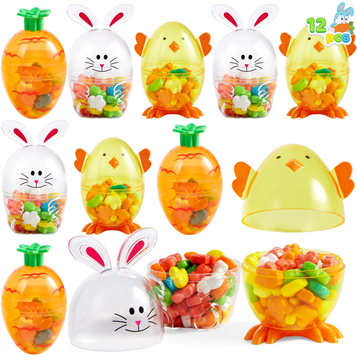 SYNCFUN 12pcs Easter Candy Filled Eggs Shell Carrot, Chick and Bunny Shaped, Includes Duck, Chick and Bunny Shaped Candies, Easter Basket Fillers, Easter Gifts for Kids, Easter Egg Hunt, Party Favors